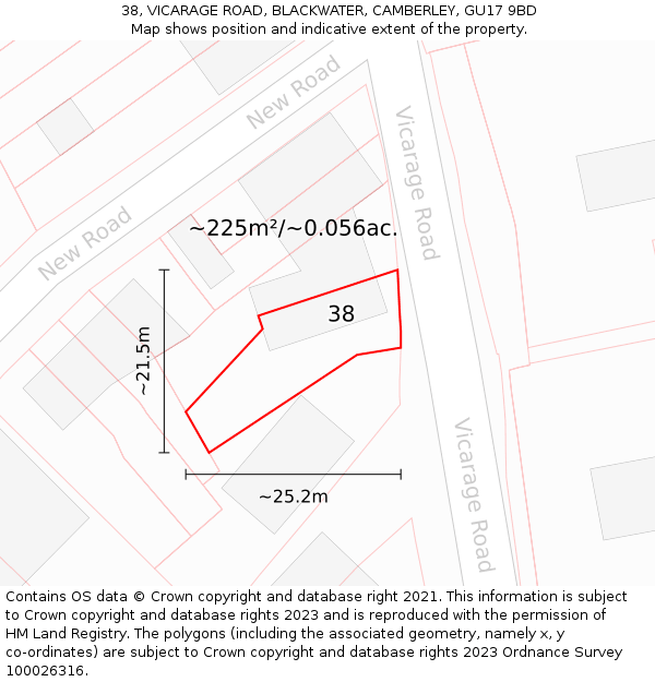 38, VICARAGE ROAD, BLACKWATER, CAMBERLEY, GU17 9BD: Plot and title map