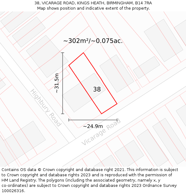 38, VICARAGE ROAD, KINGS HEATH, BIRMINGHAM, B14 7RA: Plot and title map