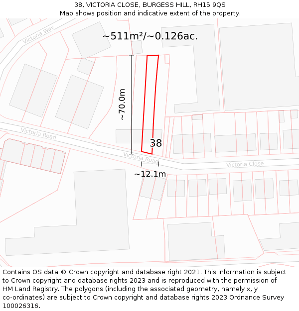 38, VICTORIA CLOSE, BURGESS HILL, RH15 9QS: Plot and title map