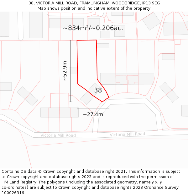 38, VICTORIA MILL ROAD, FRAMLINGHAM, WOODBRIDGE, IP13 9EG: Plot and title map