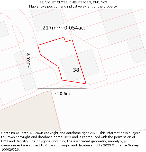 38, VIOLET CLOSE, CHELMSFORD, CM1 6XG: Plot and title map