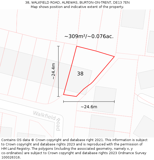 38, WALKFIELD ROAD, ALREWAS, BURTON-ON-TRENT, DE13 7EN: Plot and title map