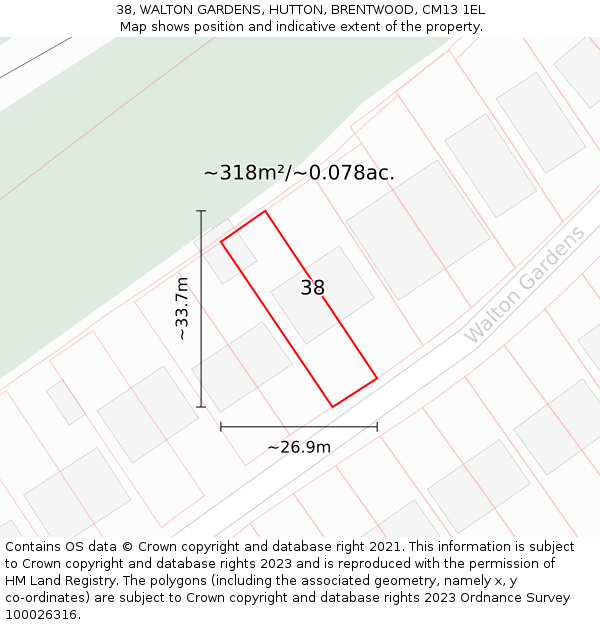 38, WALTON GARDENS, HUTTON, BRENTWOOD, CM13 1EL: Plot and title map