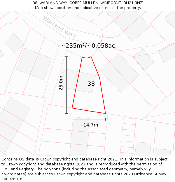 38, WARLAND WAY, CORFE MULLEN, WIMBORNE, BH21 3NZ: Plot and title map