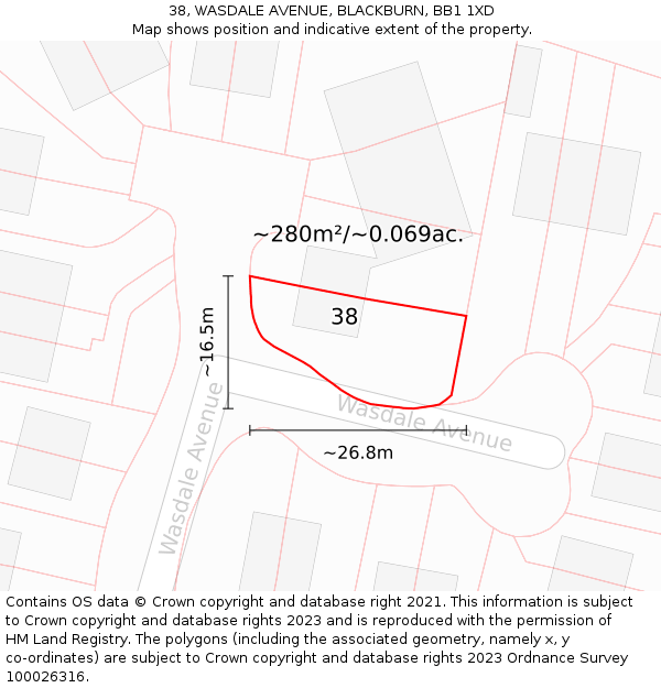 38, WASDALE AVENUE, BLACKBURN, BB1 1XD: Plot and title map