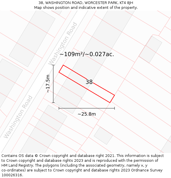38, WASHINGTON ROAD, WORCESTER PARK, KT4 8JH: Plot and title map