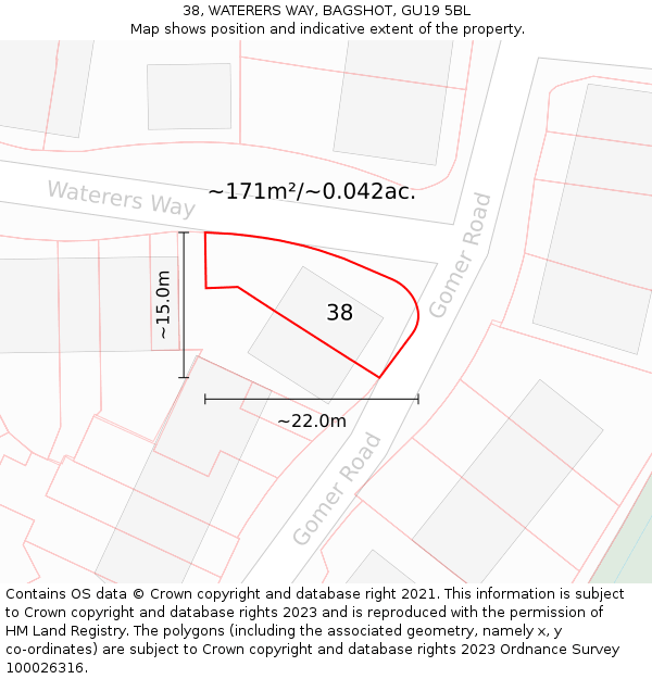 38, WATERERS WAY, BAGSHOT, GU19 5BL: Plot and title map