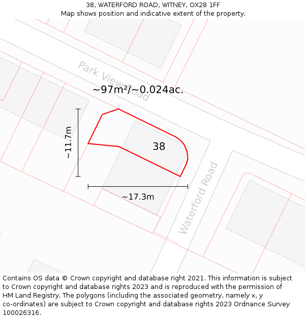 38, WATERFORD ROAD, WITNEY, OX28 1FF: Plot and title map