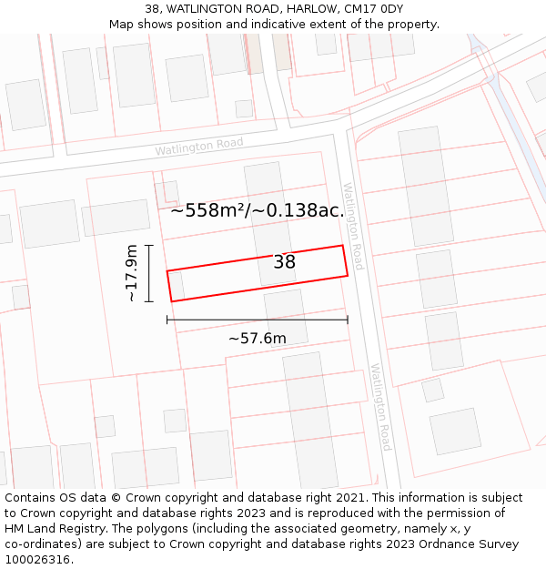 38, WATLINGTON ROAD, HARLOW, CM17 0DY: Plot and title map