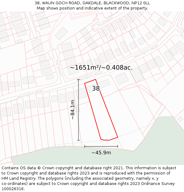 38, WAUN GOCH ROAD, OAKDALE, BLACKWOOD, NP12 0LL: Plot and title map