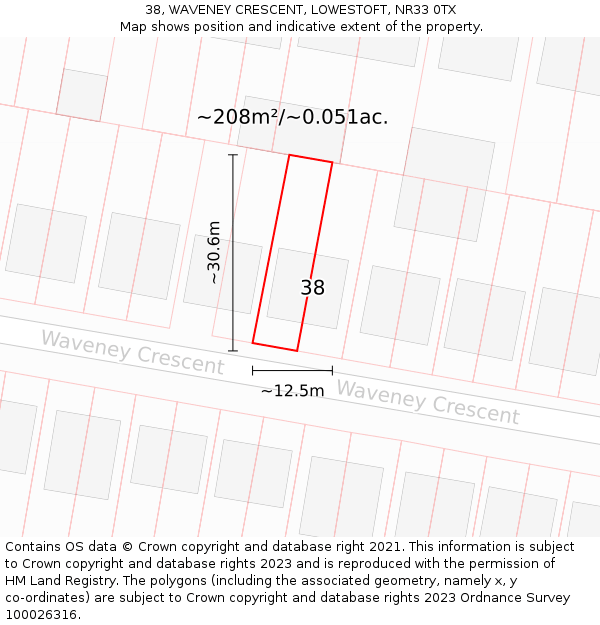 38, WAVENEY CRESCENT, LOWESTOFT, NR33 0TX: Plot and title map