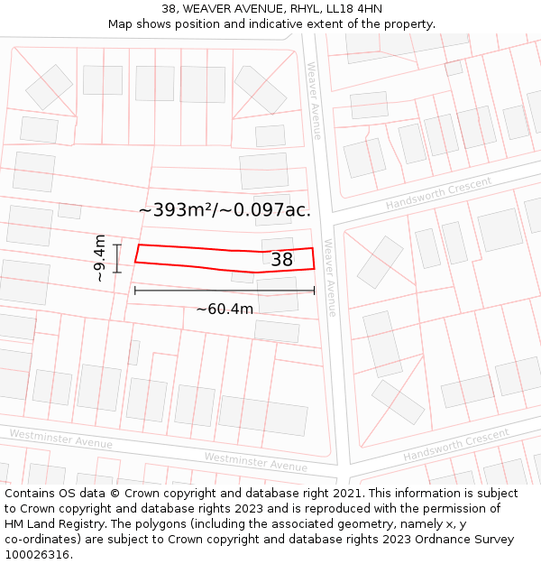 38, WEAVER AVENUE, RHYL, LL18 4HN: Plot and title map