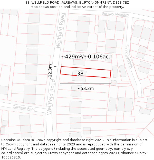 38, WELLFIELD ROAD, ALREWAS, BURTON-ON-TRENT, DE13 7EZ: Plot and title map