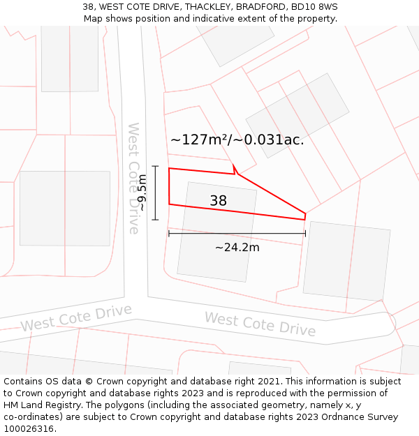 38, WEST COTE DRIVE, THACKLEY, BRADFORD, BD10 8WS: Plot and title map