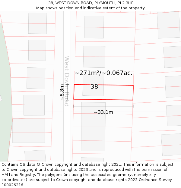 38, WEST DOWN ROAD, PLYMOUTH, PL2 3HF: Plot and title map