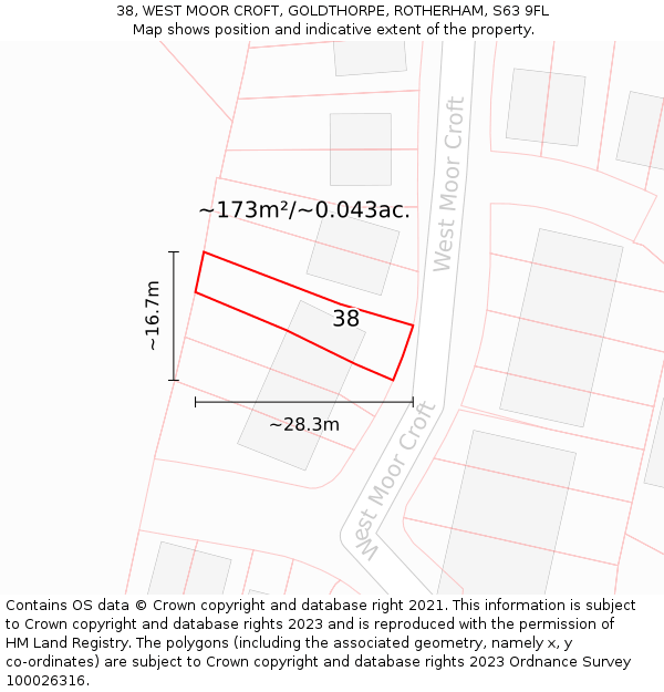 38, WEST MOOR CROFT, GOLDTHORPE, ROTHERHAM, S63 9FL: Plot and title map