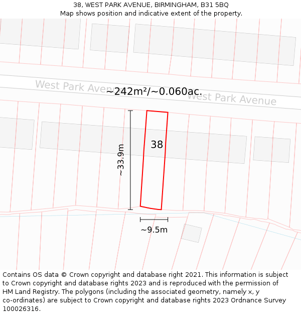 38, WEST PARK AVENUE, BIRMINGHAM, B31 5BQ: Plot and title map