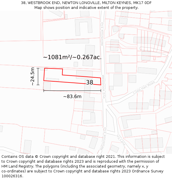 38, WESTBROOK END, NEWTON LONGVILLE, MILTON KEYNES, MK17 0DF: Plot and title map