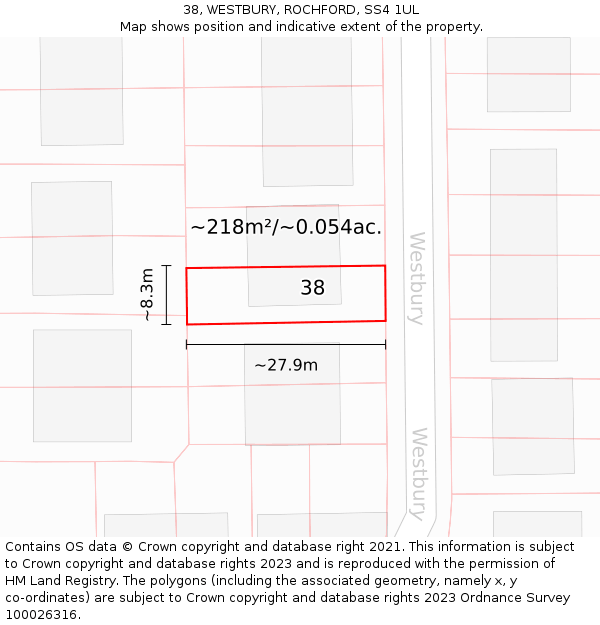 38, WESTBURY, ROCHFORD, SS4 1UL: Plot and title map