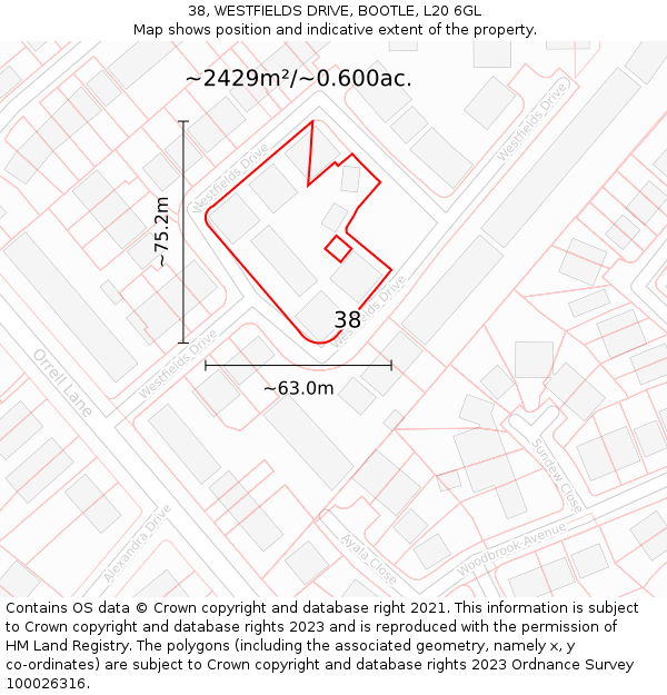 38, WESTFIELDS DRIVE, BOOTLE, L20 6GL: Plot and title map