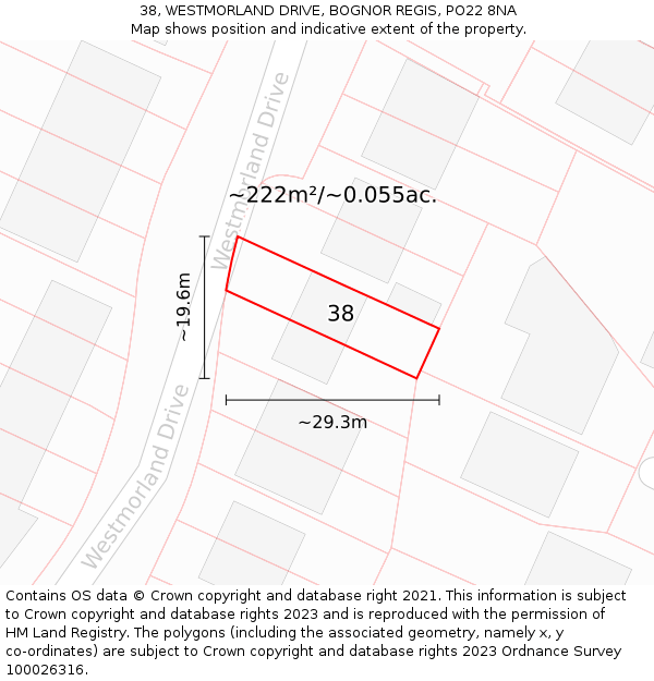 38, WESTMORLAND DRIVE, BOGNOR REGIS, PO22 8NA: Plot and title map