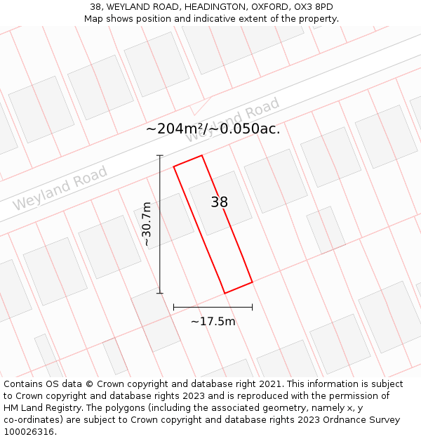 38, WEYLAND ROAD, HEADINGTON, OXFORD, OX3 8PD: Plot and title map