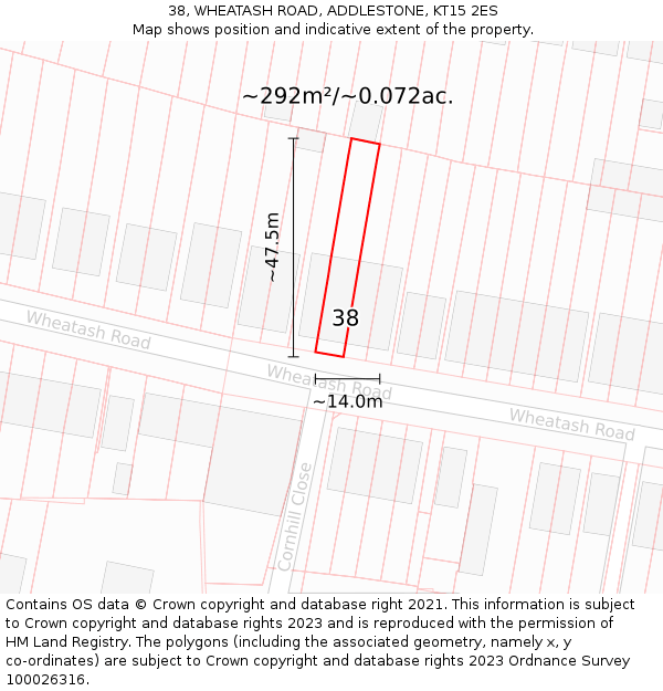 38, WHEATASH ROAD, ADDLESTONE, KT15 2ES: Plot and title map