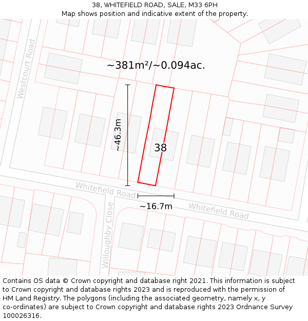 38, WHITEFIELD ROAD, SALE, M33 6PH: Plot and title map