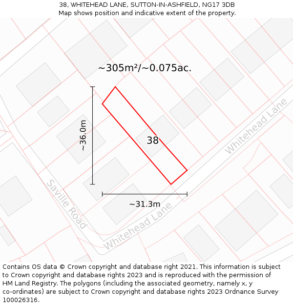 38, WHITEHEAD LANE, SUTTON-IN-ASHFIELD, NG17 3DB: Plot and title map