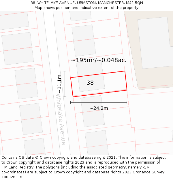 38, WHITELAKE AVENUE, URMSTON, MANCHESTER, M41 5QN: Plot and title map