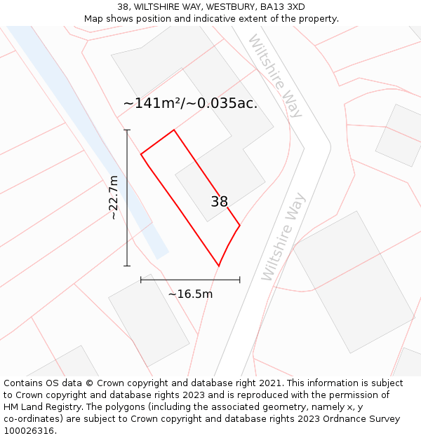 38, WILTSHIRE WAY, WESTBURY, BA13 3XD: Plot and title map