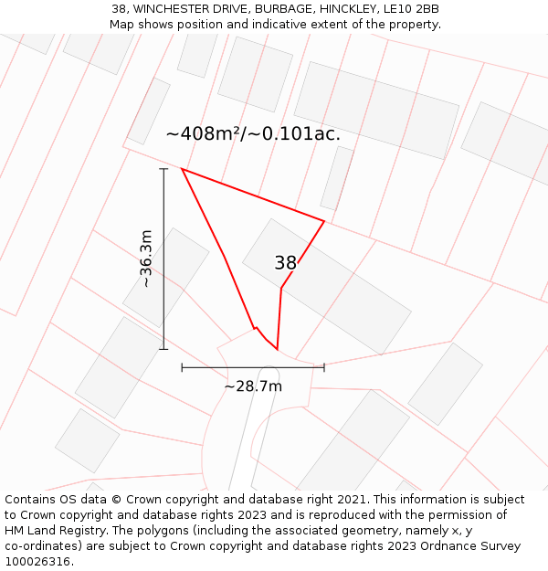 38, WINCHESTER DRIVE, BURBAGE, HINCKLEY, LE10 2BB: Plot and title map