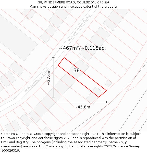 38, WINDERMERE ROAD, COULSDON, CR5 2JA: Plot and title map