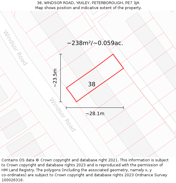 38, WINDSOR ROAD, YAXLEY, PETERBOROUGH, PE7 3JA: Plot and title map