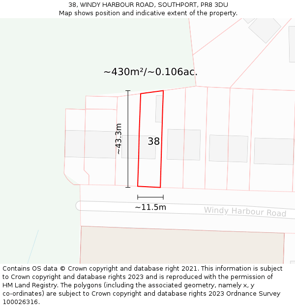 38, WINDY HARBOUR ROAD, SOUTHPORT, PR8 3DU: Plot and title map