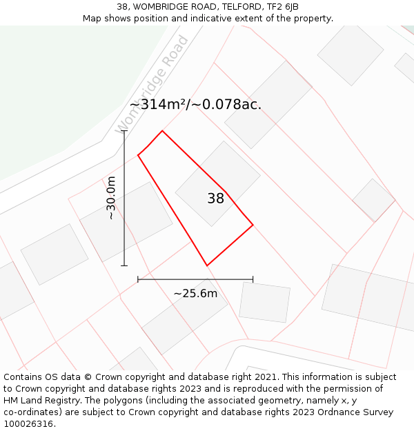 38, WOMBRIDGE ROAD, TELFORD, TF2 6JB: Plot and title map