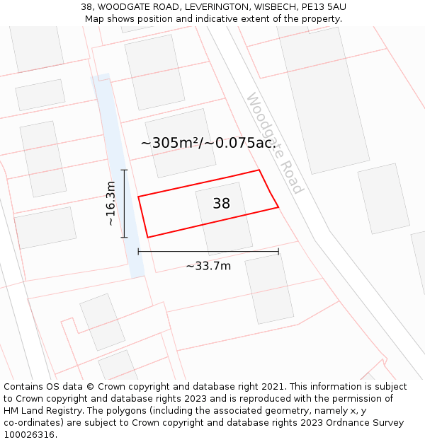 38, WOODGATE ROAD, LEVERINGTON, WISBECH, PE13 5AU: Plot and title map