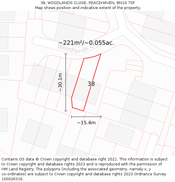 38, WOODLANDS CLOSE, PEACEHAVEN, BN10 7SF: Plot and title map