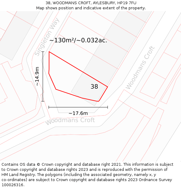 38, WOODMANS CROFT, AYLESBURY, HP19 7FU: Plot and title map