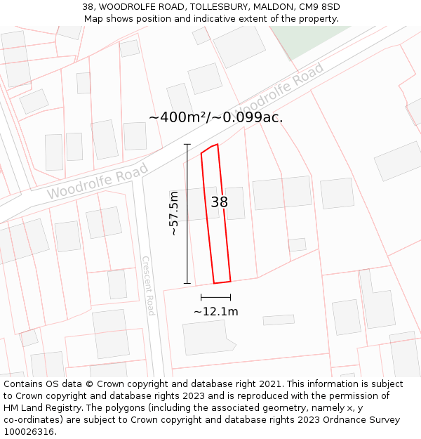 38, WOODROLFE ROAD, TOLLESBURY, MALDON, CM9 8SD: Plot and title map