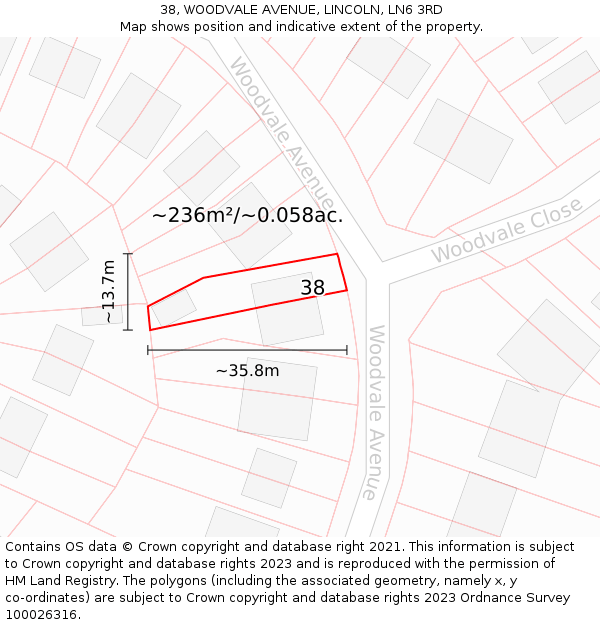 38, WOODVALE AVENUE, LINCOLN, LN6 3RD: Plot and title map