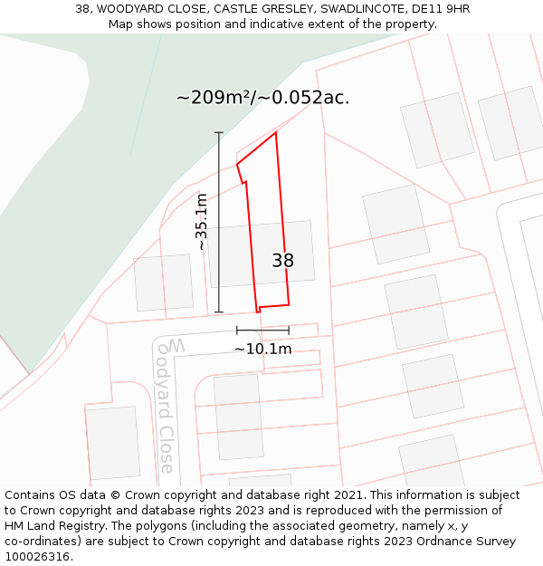 38, WOODYARD CLOSE, CASTLE GRESLEY, SWADLINCOTE, DE11 9HR: Plot and title map