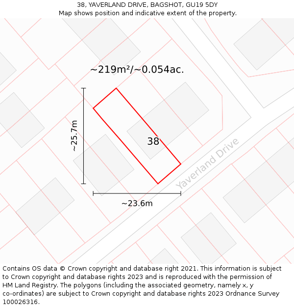 38, YAVERLAND DRIVE, BAGSHOT, GU19 5DY: Plot and title map