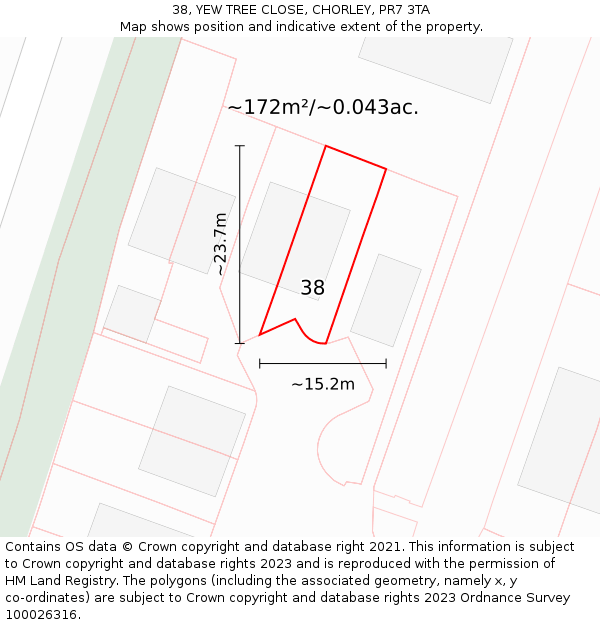 38, YEW TREE CLOSE, CHORLEY, PR7 3TA: Plot and title map