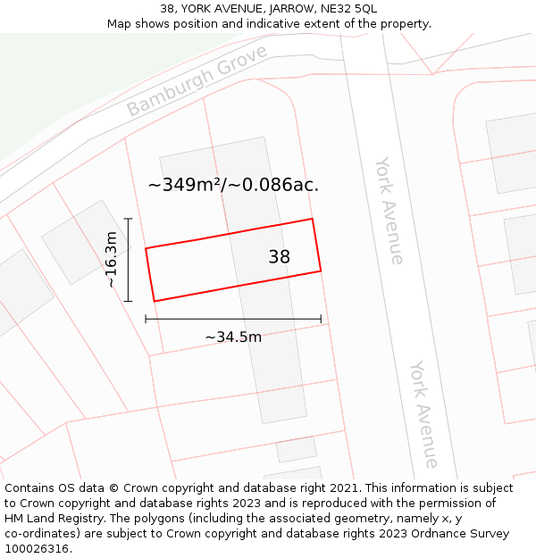 38, YORK AVENUE, JARROW, NE32 5QL: Plot and title map