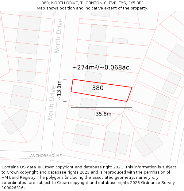 380, NORTH DRIVE, THORNTON-CLEVELEYS, FY5 3PF: Plot and title map