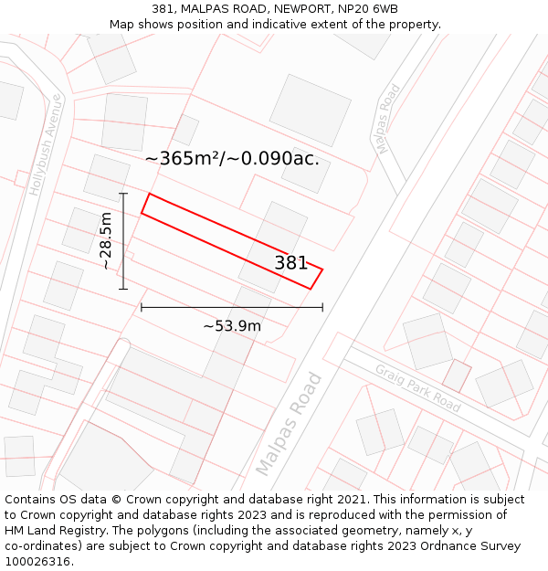 381, MALPAS ROAD, NEWPORT, NP20 6WB: Plot and title map