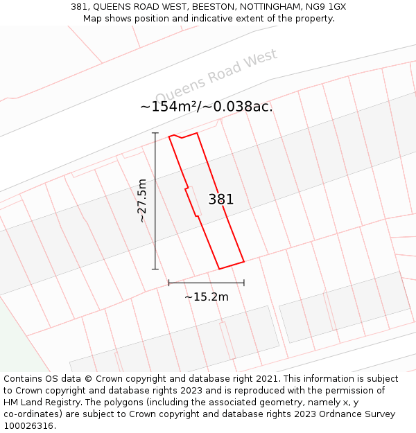 381, QUEENS ROAD WEST, BEESTON, NOTTINGHAM, NG9 1GX: Plot and title map