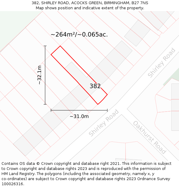 382, SHIRLEY ROAD, ACOCKS GREEN, BIRMINGHAM, B27 7NS: Plot and title map