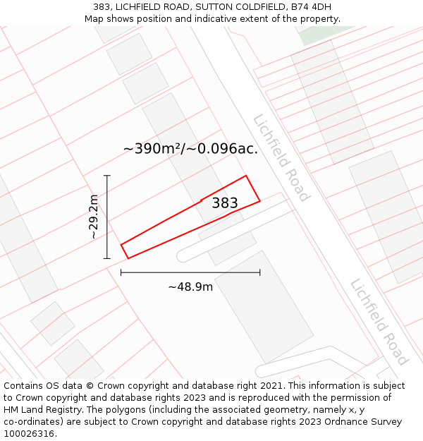 383, LICHFIELD ROAD, SUTTON COLDFIELD, B74 4DH: Plot and title map